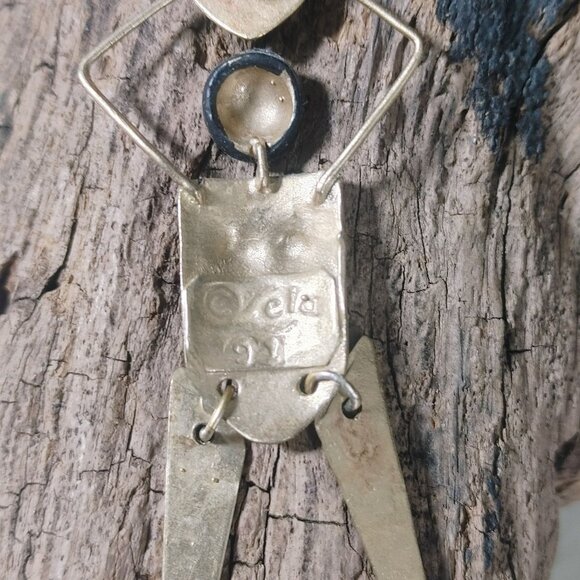 Lena Pin Brooch Woman Heart Tribal Design Vintage Handmade Brass Figurine Signed - Picture 8 of 12